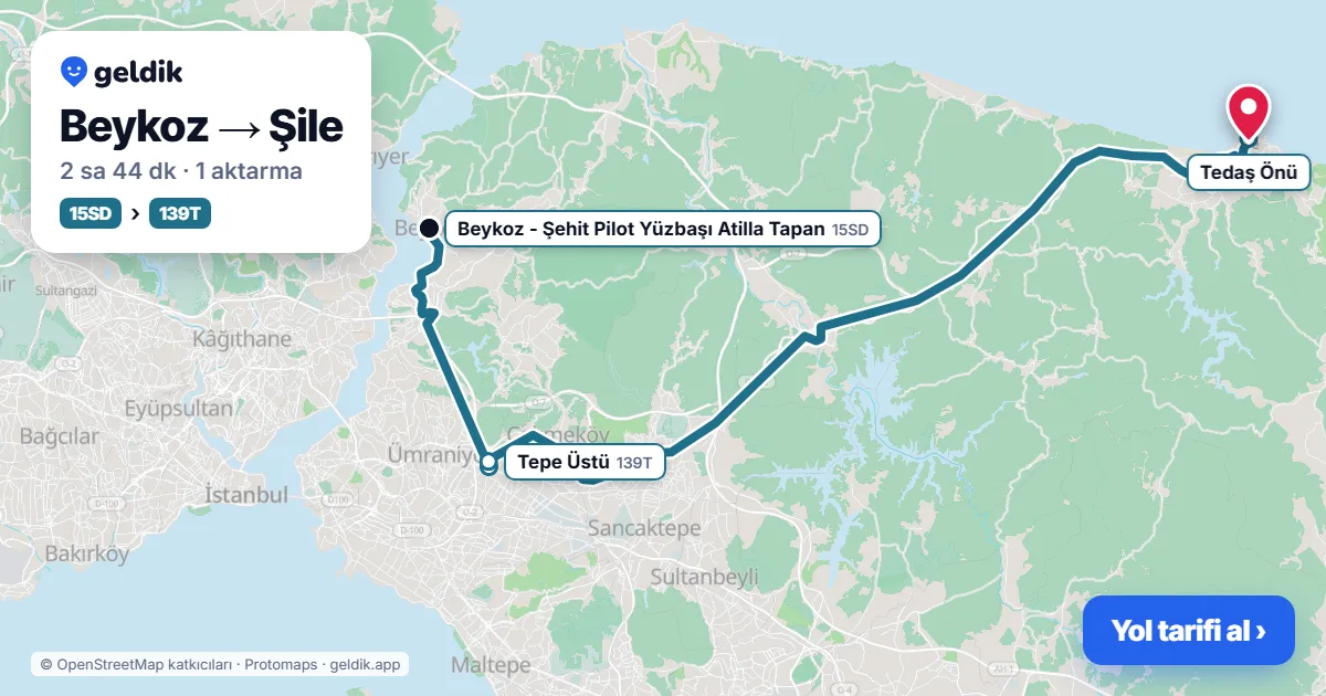 Beykoz – Şile yol haritası: 15SD otobüsü → 139T otobüsü ile ~2 sa 44 dk
