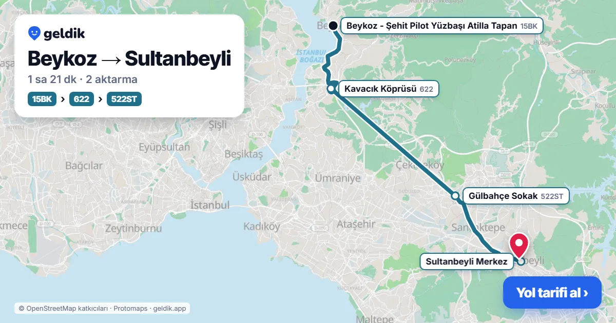 Beykoz – Sultanbeyli yol haritası: 15BK otobüsü → 522ST otobüsü ile ~1 sa 34 dk