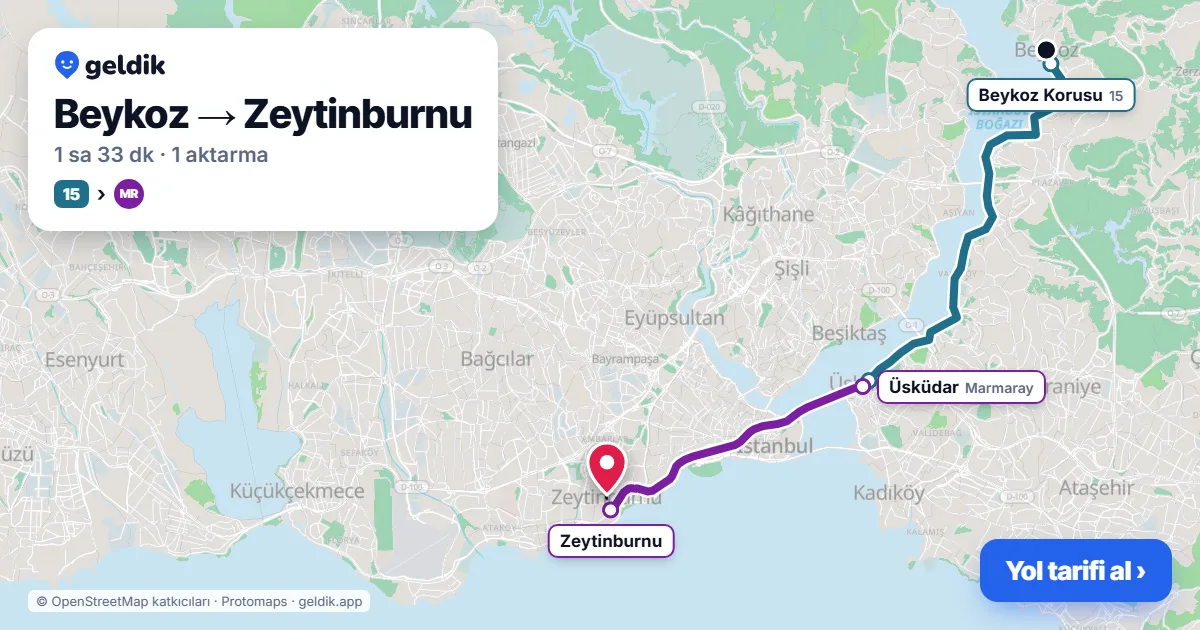 Beykoz – Zeytinburnu yol haritası: 15 otobüsü → Marmaray ile ~1 sa 36 dk