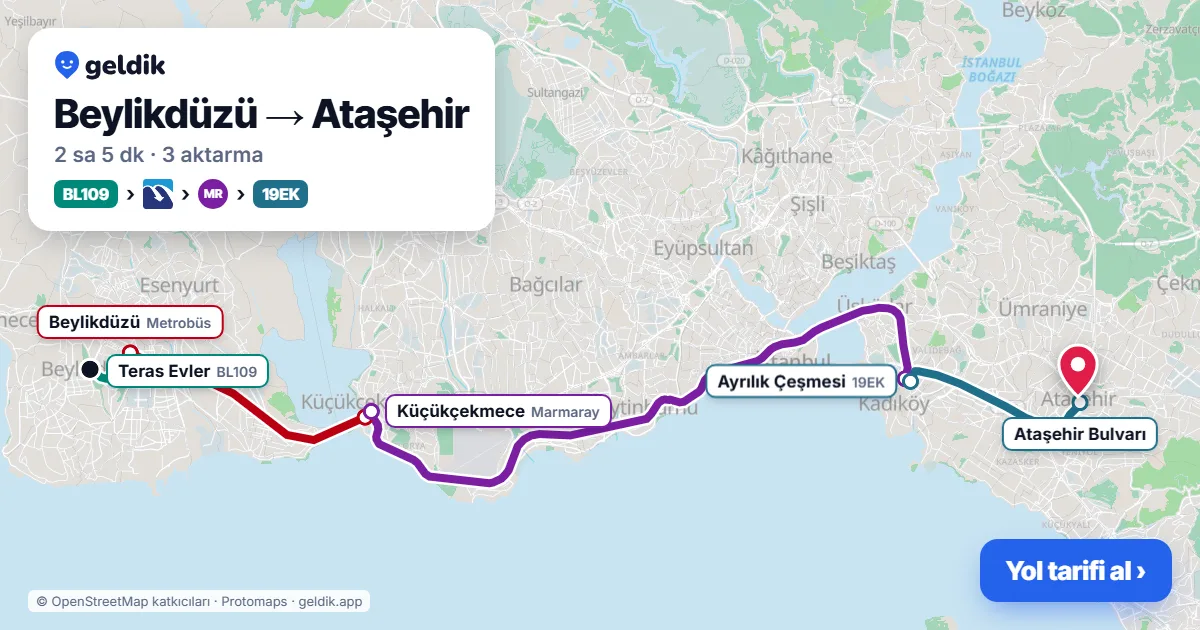 Beylikdüzü – Ataşehir yol haritası: BL109 minibüsü → Metrobüs → Marmaray → 19EK otobüsü ile ~2 sa 5 dk
