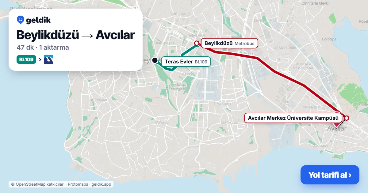 Beylikdüzü – Avcılar yol haritası: BL109 minibüsü → 429A otobüsü → 147 otobüsü ile ~41 dk