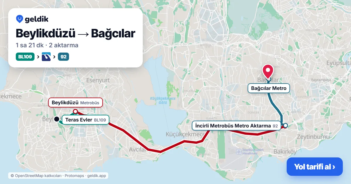 Beylikdüzü – Bağcılar yol haritası: BL109 minibüsü → Metrobüs → A29 minibüsü ile ~1 sa 25 dk