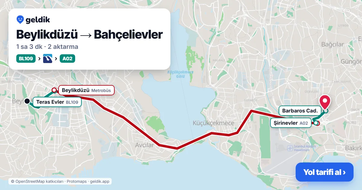 Beylikdüzü – Bahçelievler yol haritası: BL109 minibüsü → Metrobüs → A02 minibüsü ile ~1 sa 3 dk