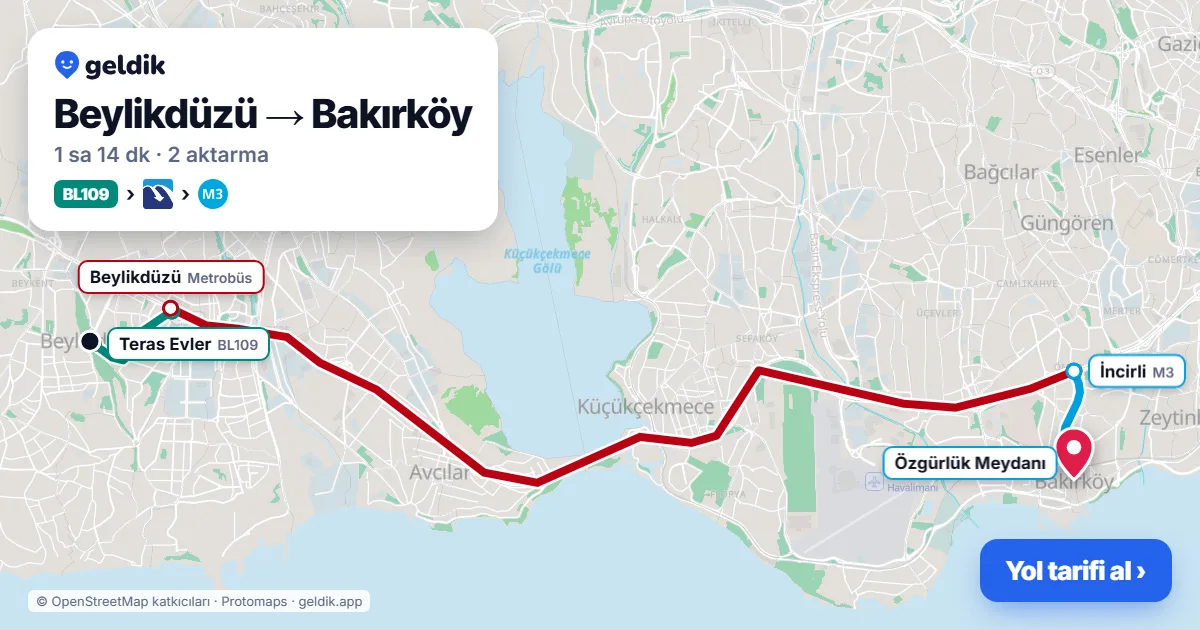 Beylikdüzü – Bakırköy yol haritası: BL109 minibüsü → Metrobüs → M3 ile ~1 sa 14 dk