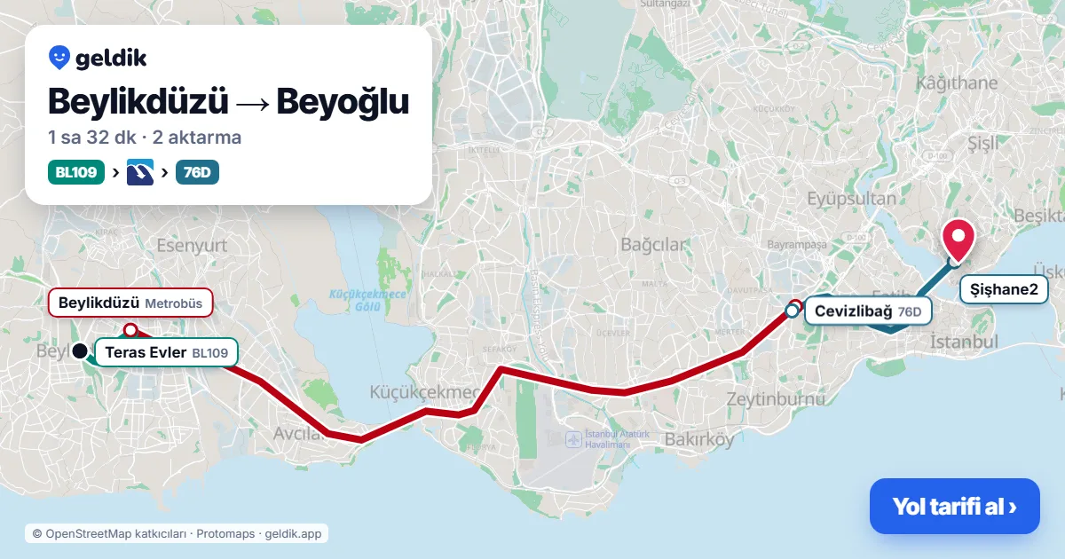 Beylikdüzü – Beyoğlu yol haritası: BL109 minibüsü → Metrobüs → 73 otobüsü ile ~1 sa 33 dk