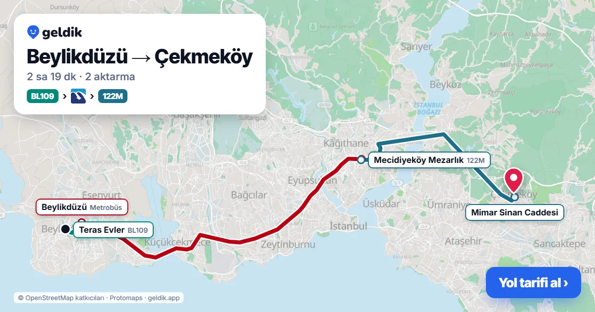 Beylikdüzü – Çekmeköy yol haritası: BL109 minibüsü → Metrobüs → 122M otobüsü ile ~2 sa 19 dk