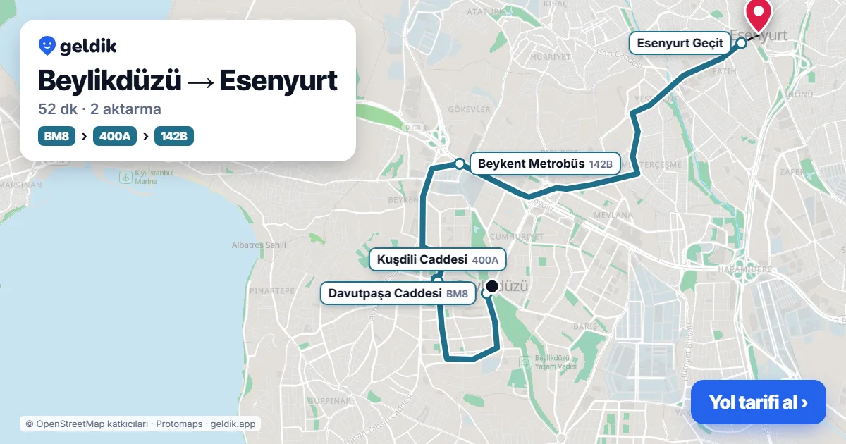 Beylikdüzü – Esenyurt yol haritası: BL109 minibüsü → 401 otobüsü → 142B otobüsü ile ~53 dk