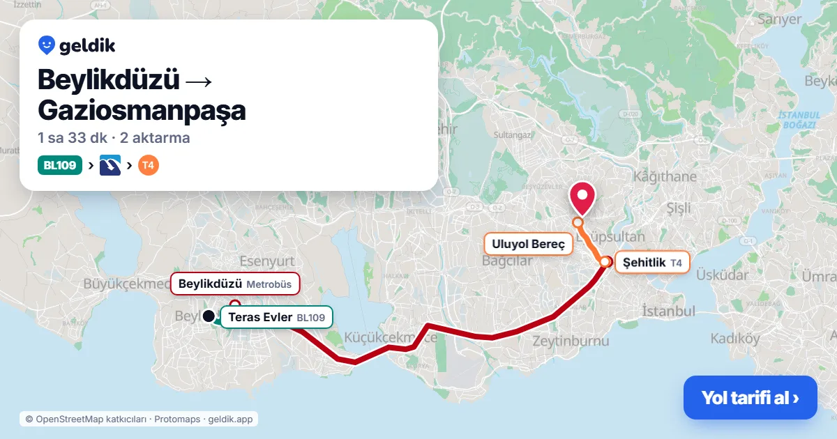 Beylikdüzü – Gaziosmanpaşa yol haritası: BL109 minibüsü → Metrobüs → T4 ile ~1 sa 33 dk
