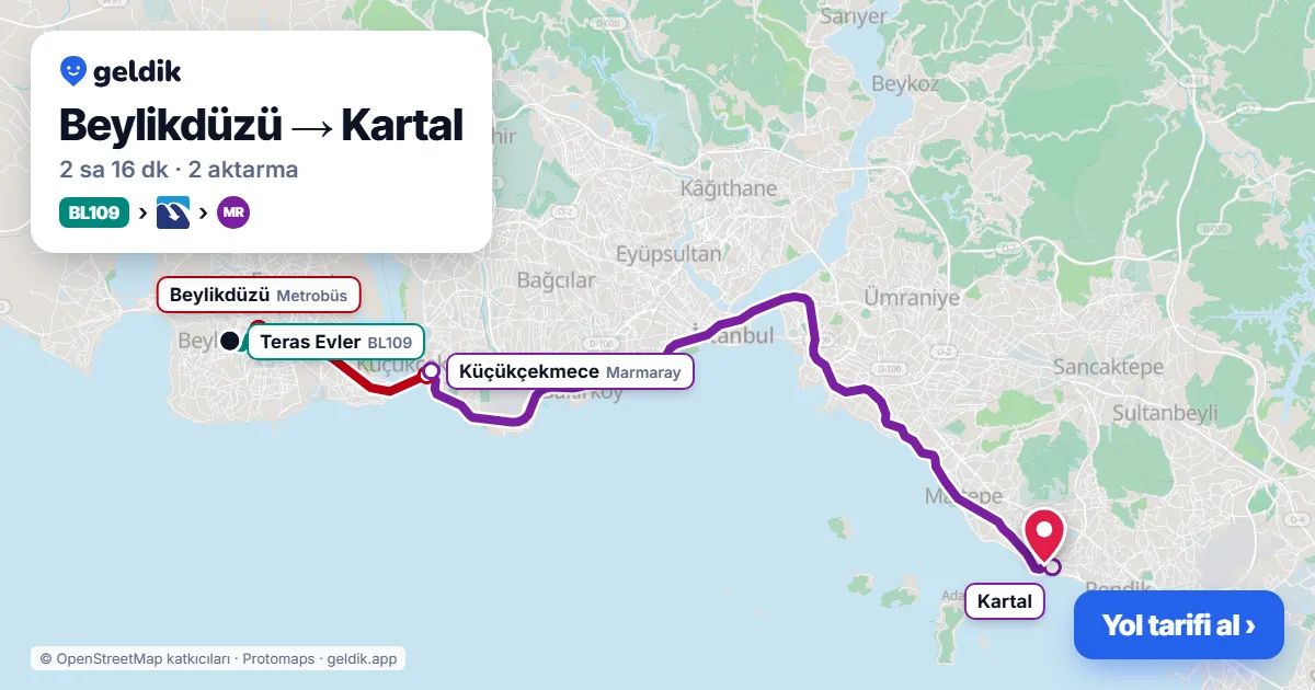 Beylikdüzü – Kartal yol haritası: BL109 minibüsü → Metrobüs → Marmaray ile ~2 sa 16 dk