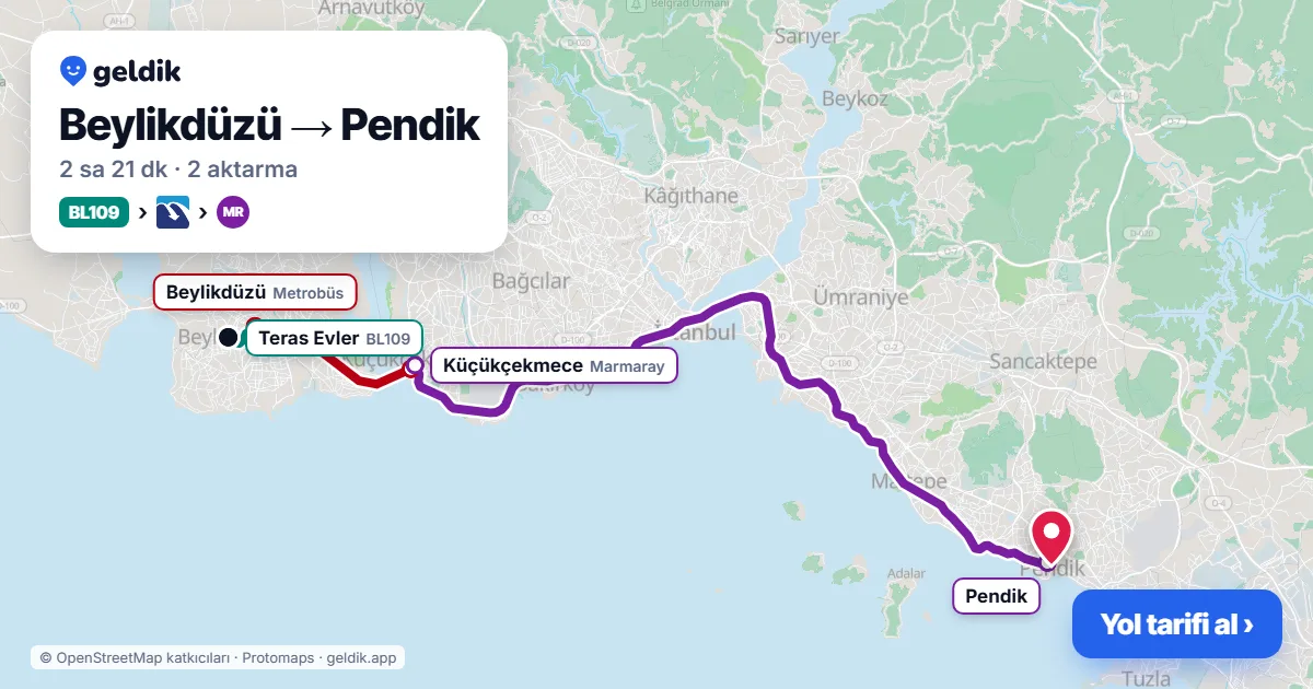 Beylikdüzü – Pendik yol haritası: BL109 minibüsü → Metrobüs → Marmaray ile ~2 sa 21 dk