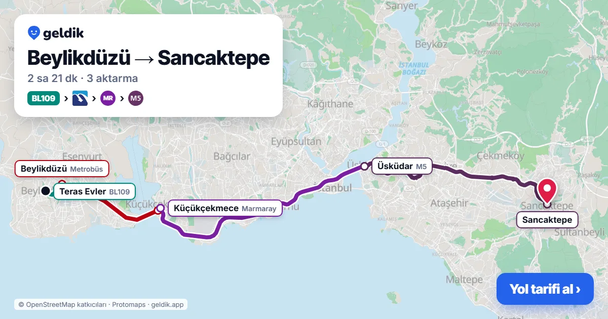 Beylikdüzü – Sancaktepe yol haritası: BL109 minibüsü → Metrobüs → Marmaray → M5 ile ~2 sa 21 dk