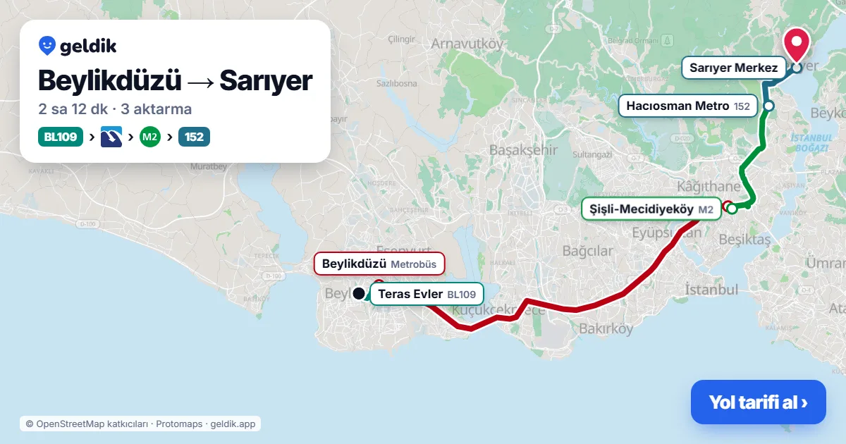 Beylikdüzü – Sarıyer yol haritası: BL109 minibüsü → Metrobüs → M2 → 152 otobüsü ile ~2 sa 12 dk