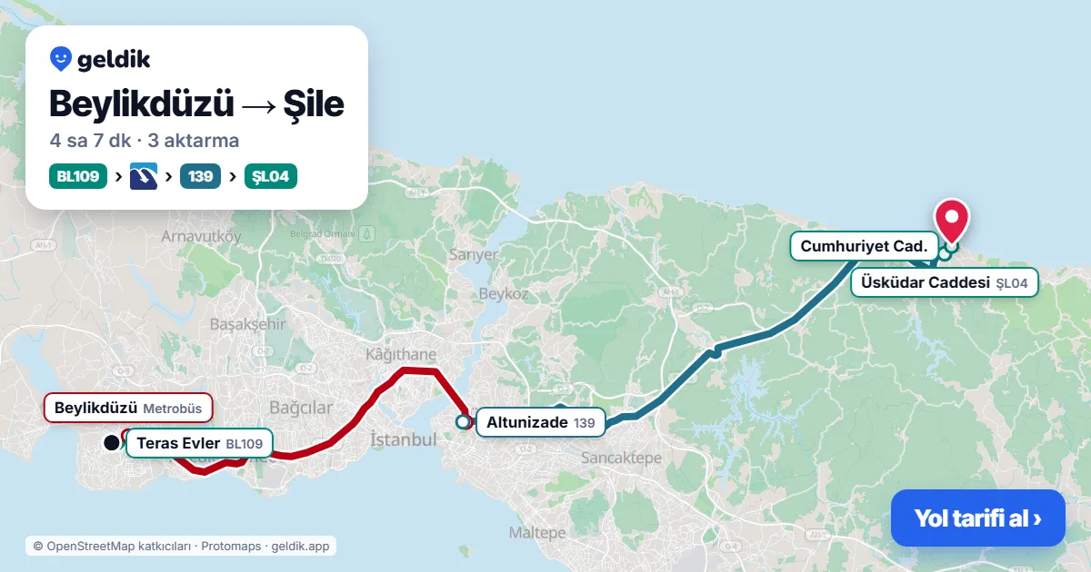 Beylikdüzü – Şile yol haritası: BL109 minibüsü → Metrobüs → 139 otobüsü → ŞL04 minibüsü ile ~4 sa 7 dk