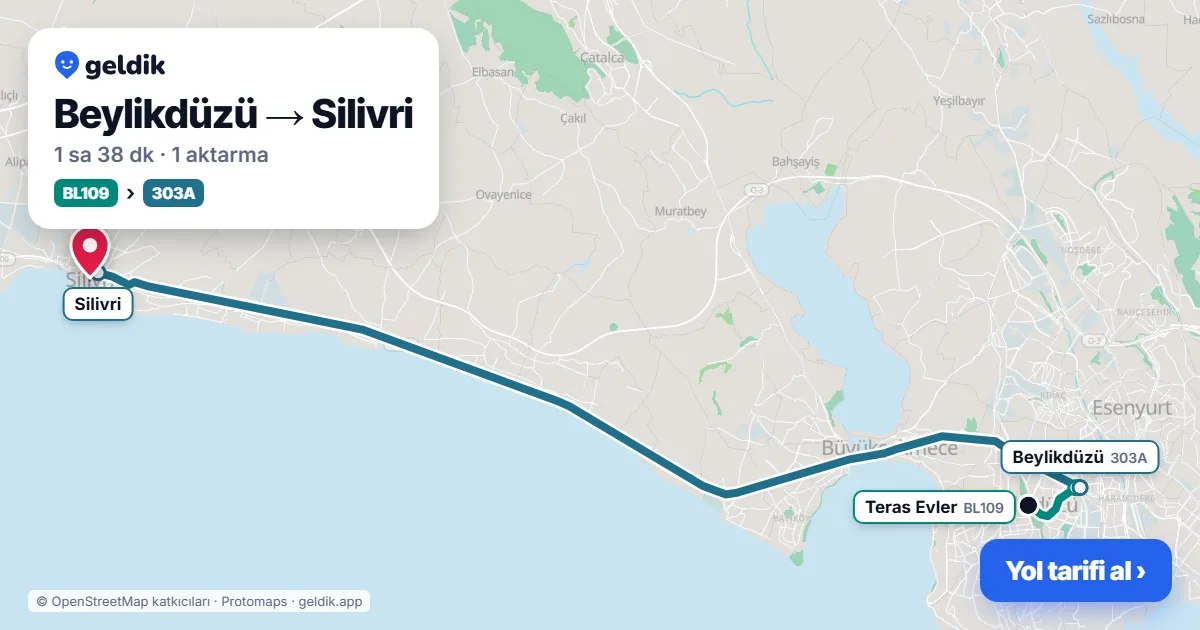 Beylikdüzü – Silivri yol haritası: BL109 minibüsü → 303A otobüsü ile ~1 sa 38 dk