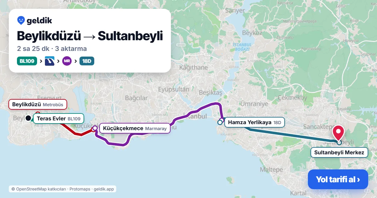 Beylikdüzü – Sultanbeyli yol haritası: BL109 minibüsü → Metrobüs → Marmaray → 18D otobüsü ile ~2 sa 25 dk