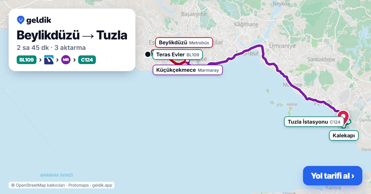 Beylikdüzü – Tuzla yol haritası: BL109 minibüsü → Metrobüs → Marmaray → C124 minibüsü ile ~2 sa 45 dk