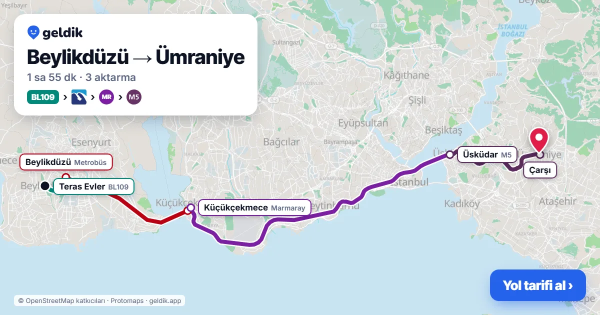 Beylikdüzü – Ümraniye yol haritası: BL109 minibüsü → Metrobüs → Marmaray → M5 ile ~1 sa 55 dk