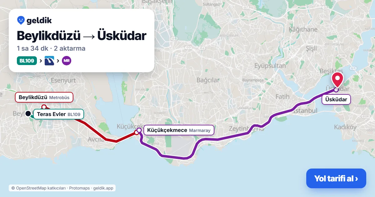 Beylikdüzü – Üsküdar yol haritası: BL109 minibüsü → Metrobüs → Marmaray ile ~1 sa 34 dk
