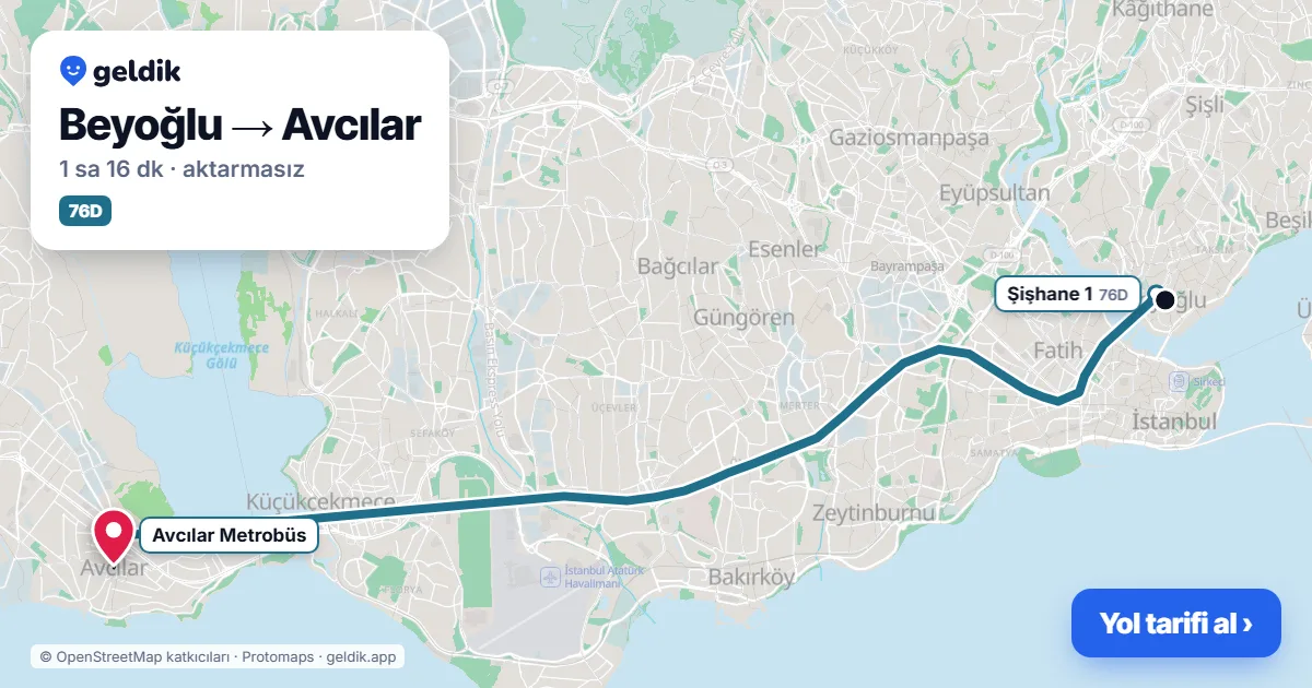 Beyoğlu – Avcılar yol haritası: 76D otobüsü ile ~1 sa 16 dk