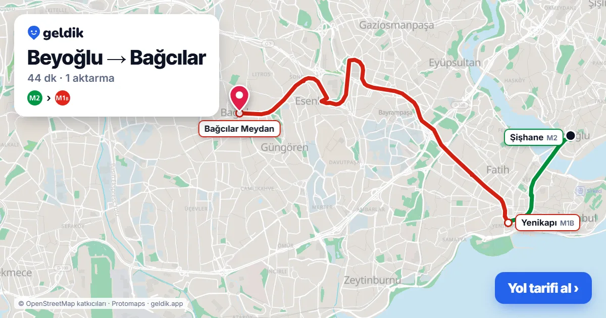Beyoğlu – Bağcılar yol haritası: M2 → M1B ile ~44 dk