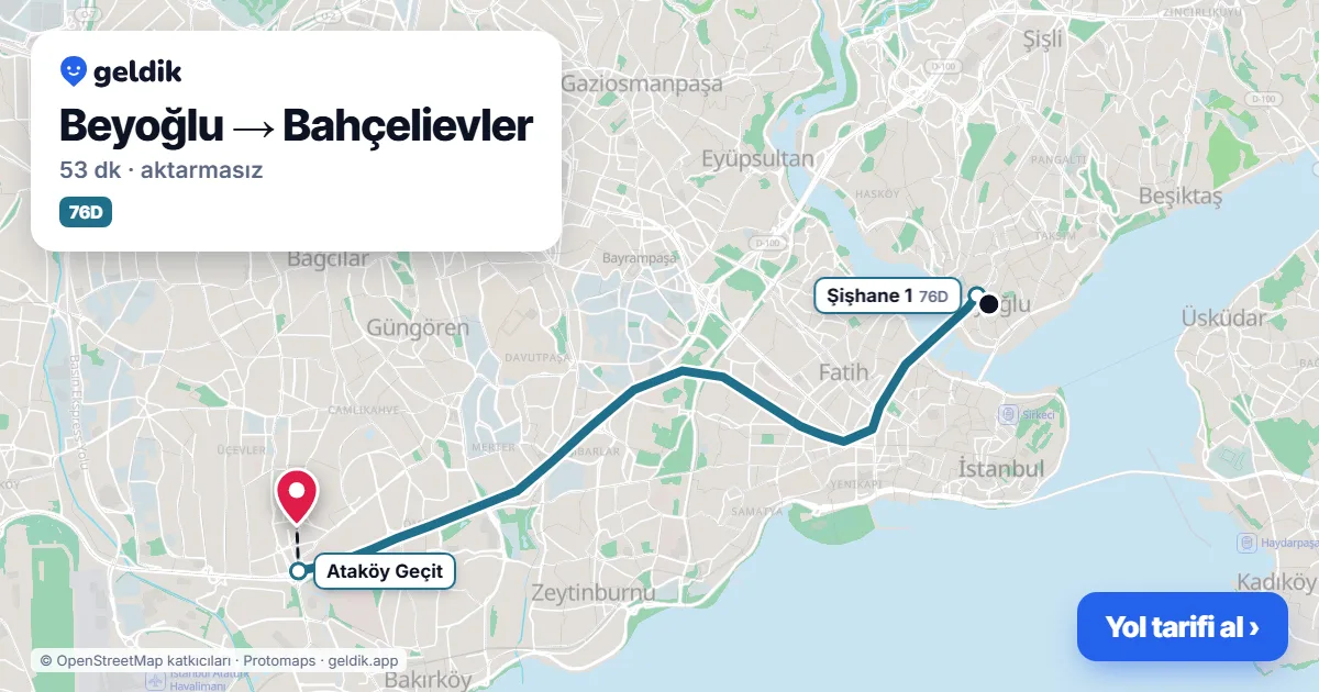 Beyoğlu – Bahçelievler yol haritası: 76D otobüsü ile ~53 dk