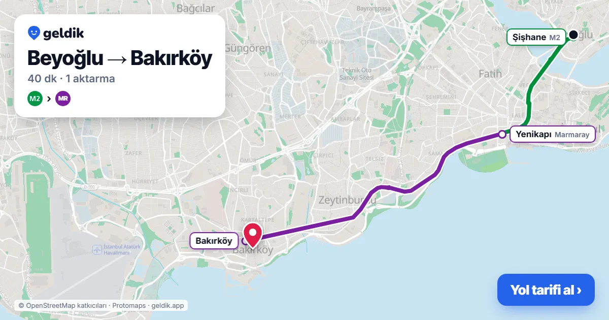 Beyoğlu – Bakırköy yol haritası: M2 → Marmaray ile ~40 dk