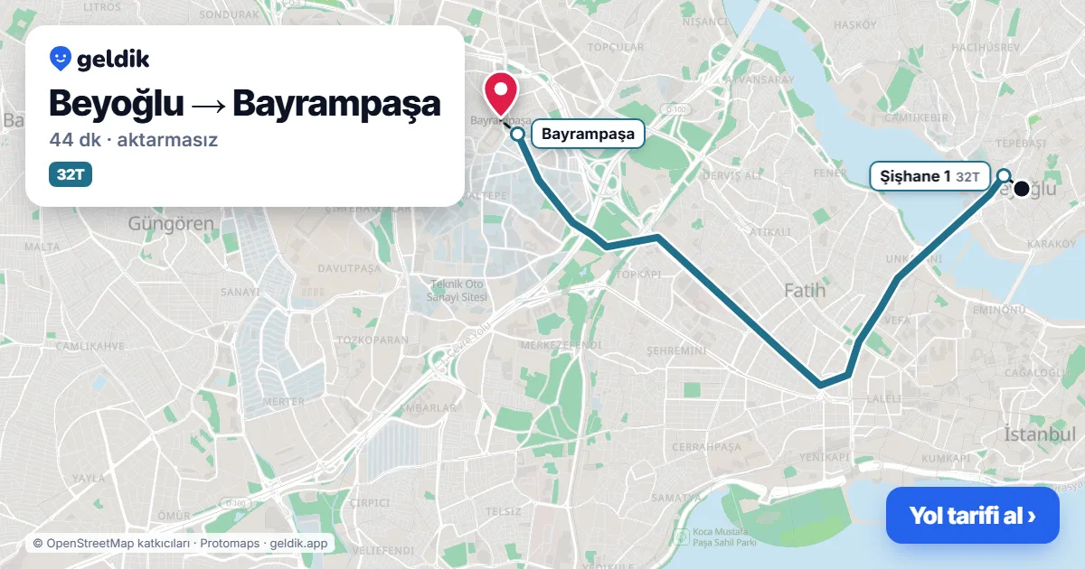 Beyoğlu – Bayrampaşa yol haritası: M2 → M1B ile ~41 dk
