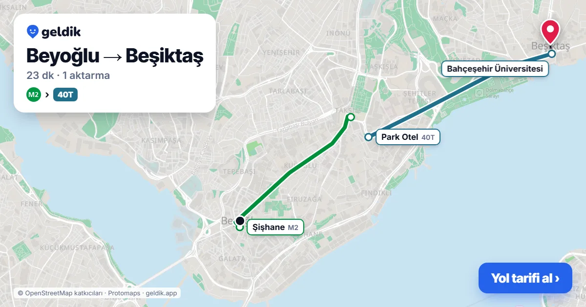 Beyoğlu – Beşiktaş yol haritası: M2 → 40T otobüsü ile ~23 dk