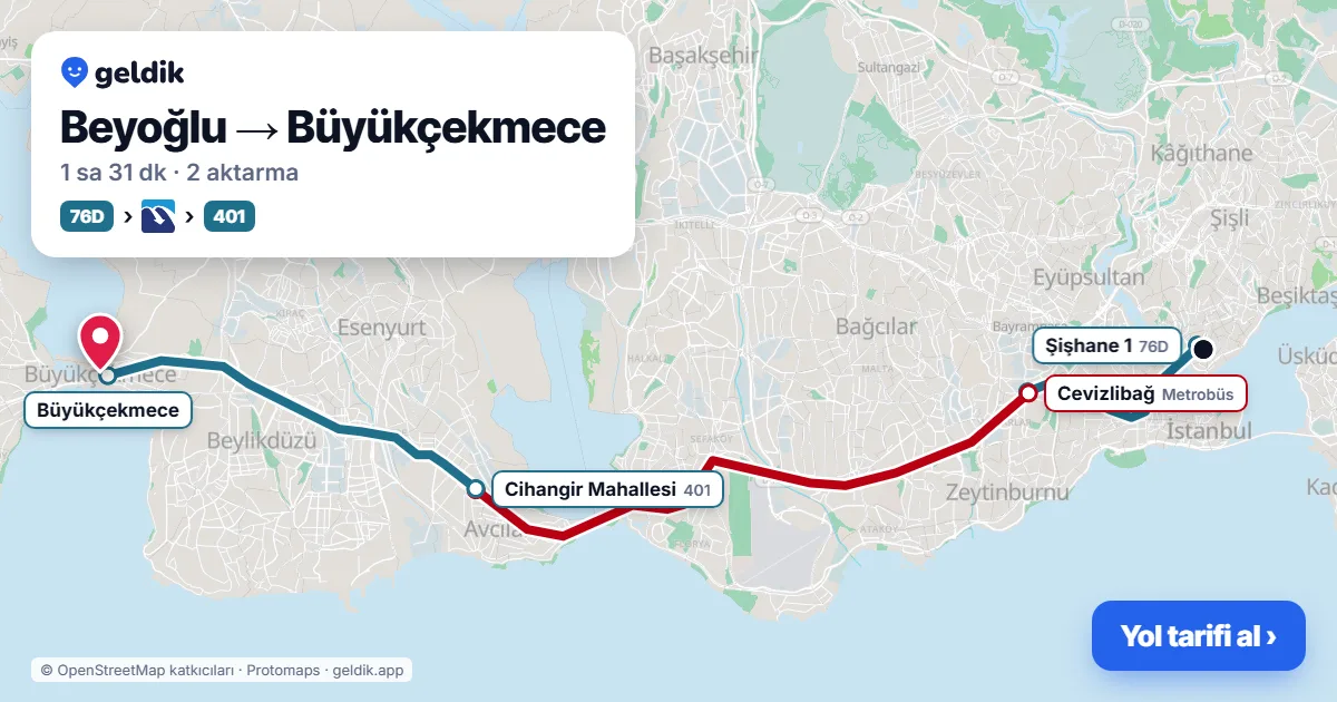 Beyoğlu – Büyükçekmece yol haritası: 76D otobüsü → Metrobüs → 401 otobüsü ile ~1 sa 31 dk