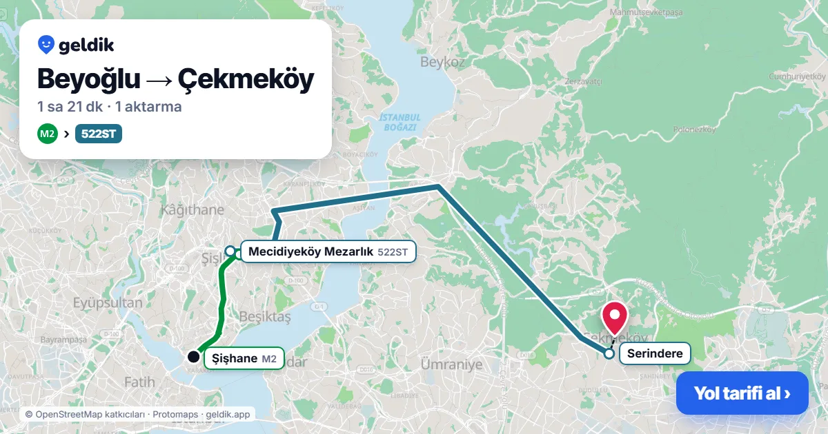 Beyoğlu – Çekmeköy yol haritası: M2 → 522ST otobüsü ile ~1 sa 21 dk