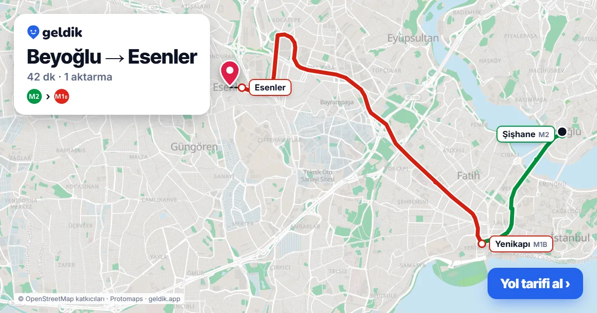 Beyoğlu – Esenler yol haritası: M2 → M1B ile ~42 dk