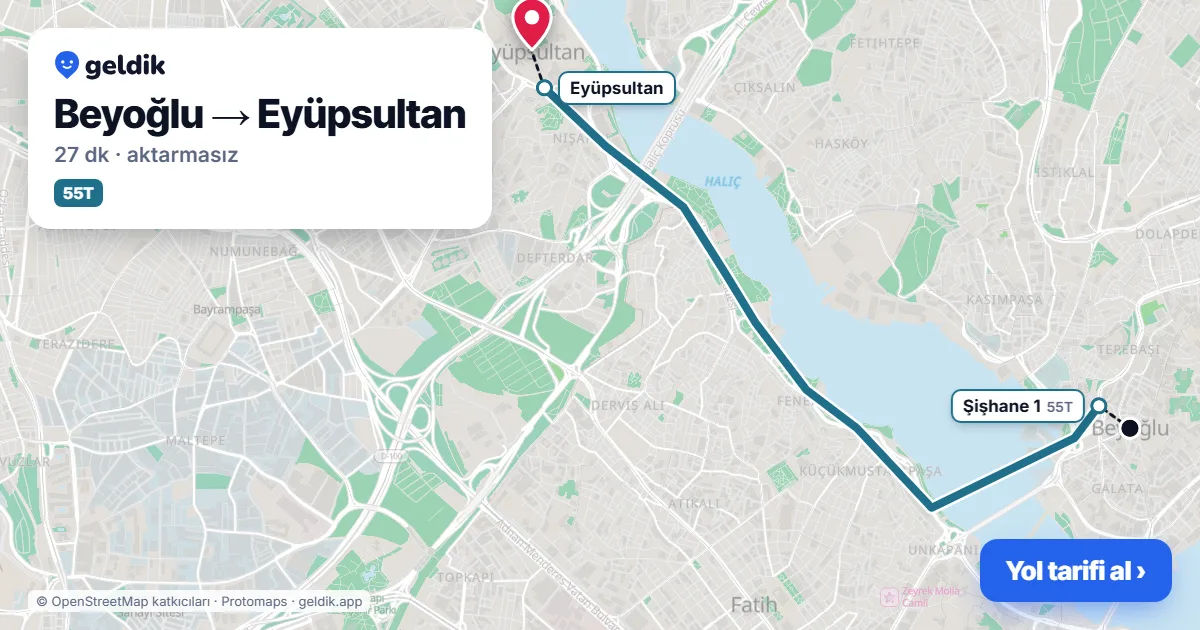 Beyoğlu – Eyüpsultan yol haritası: 55T otobüsü ile ~27 dk