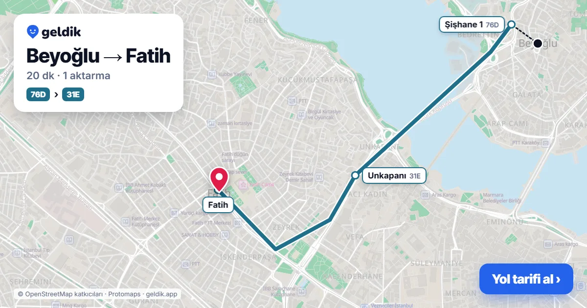 Beyoğlu – Fatih yol haritası: 76D otobüsü → 31E otobüsü ile ~20 dk