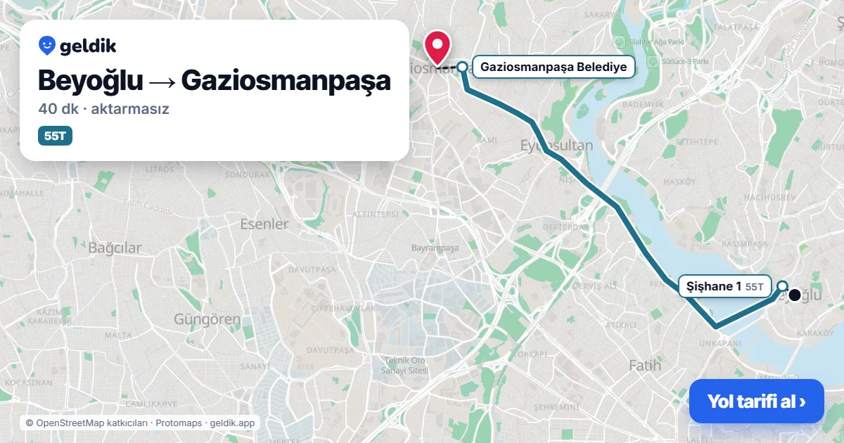 Beyoğlu – Gaziosmanpaşa yol haritası: 55T otobüsü ile ~40 dk
