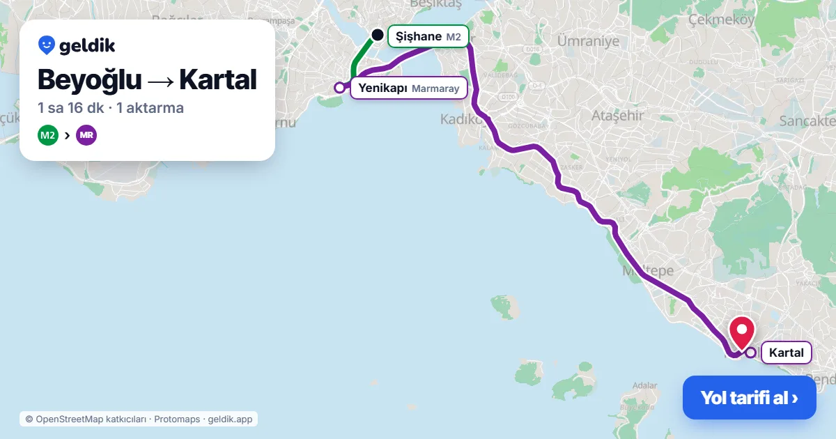 Beyoğlu – Kartal yol haritası: M2 → Marmaray ile ~1 sa 16 dk