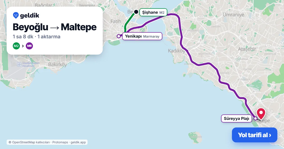 Beyoğlu – Maltepe yol haritası: M2 → Marmaray ile ~1 sa 8 dk