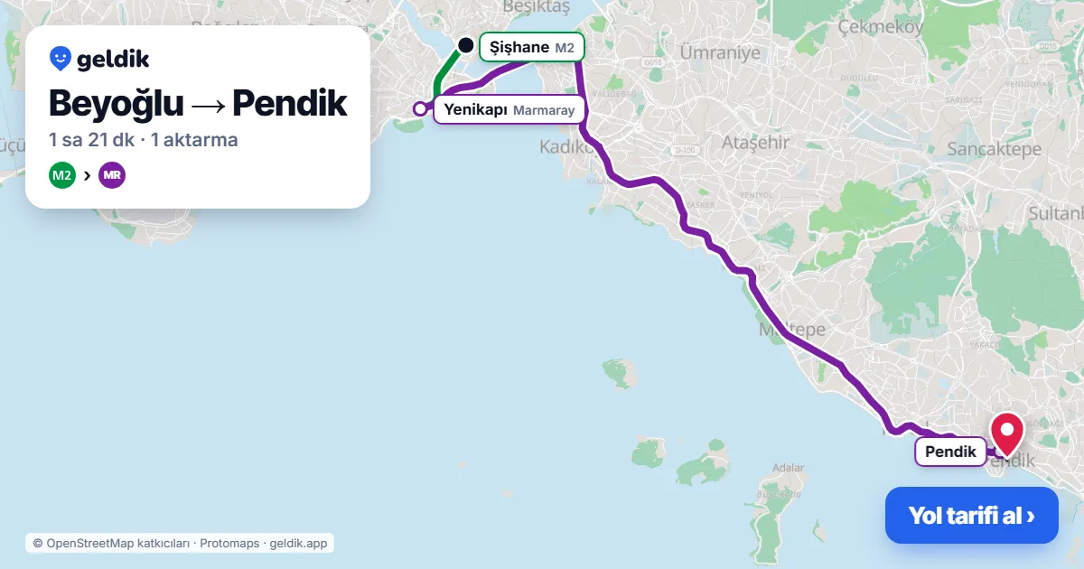 Beyoğlu – Pendik yol haritası: M2 → Marmaray ile ~1 sa 21 dk