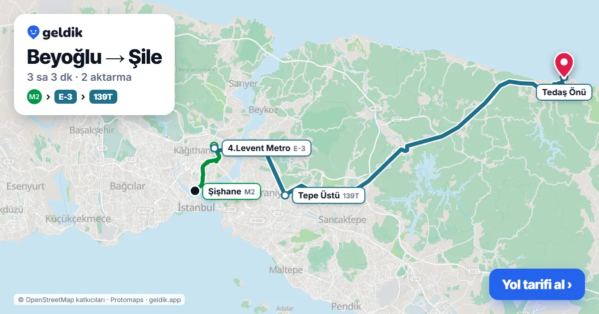 Beyoğlu – Şile yol haritası: M2 → E-3 otobüsü → 139T otobüsü ile ~3 sa 3 dk