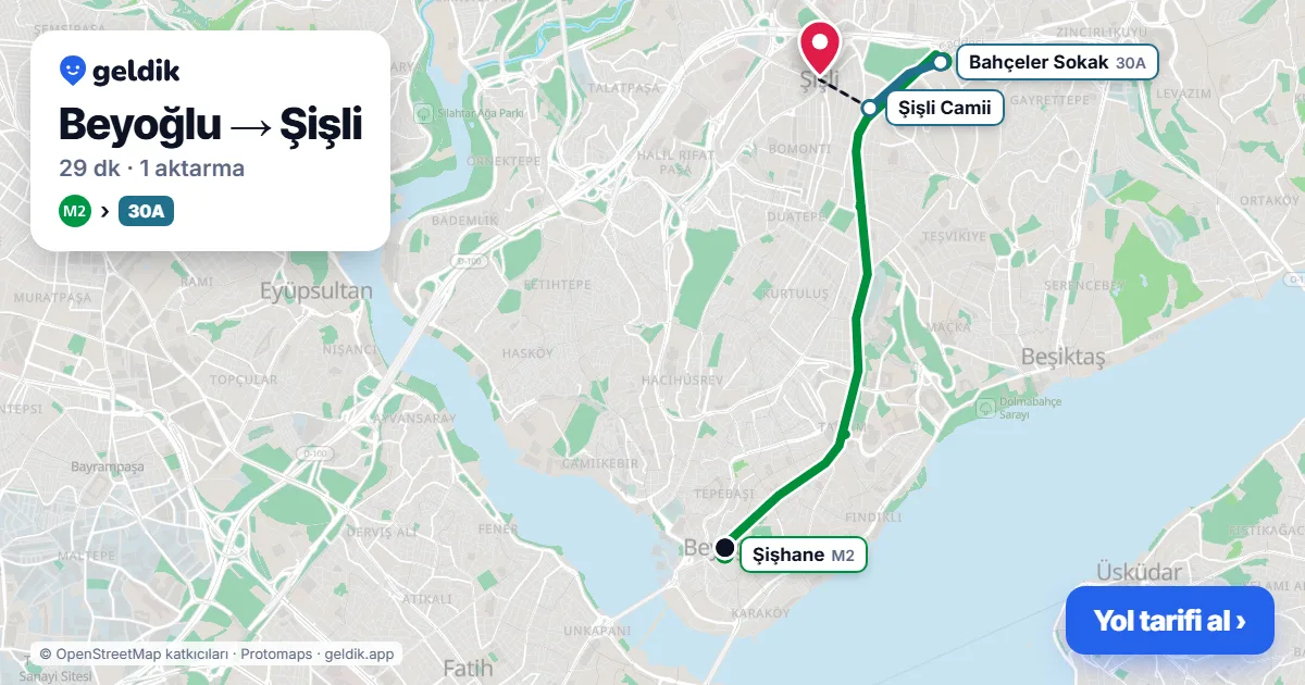 Beyoğlu – Şişli yol haritası: M2 → 30A otobüsü ile ~29 dk