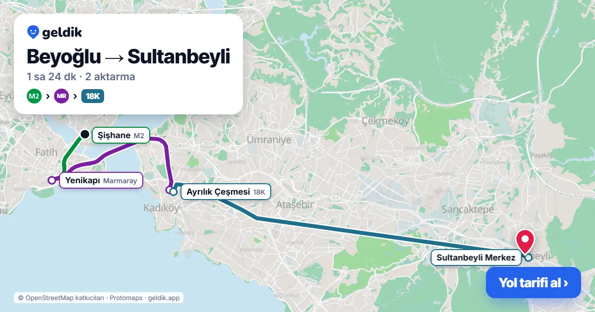 Beyoğlu – Sultanbeyli yol haritası: M2 → Marmaray → 18K otobüsü ile ~1 sa 24 dk