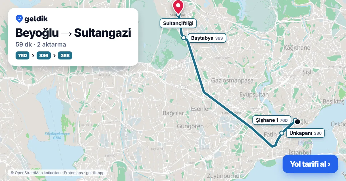 Beyoğlu – Sultangazi yol haritası: 28 otobüsü → 36G otobüsü → 36ES otobüsü ile ~57 dk