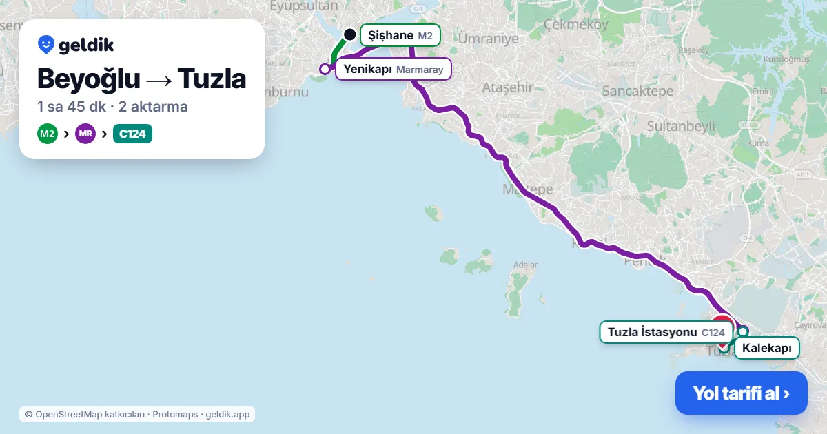 Beyoğlu – Tuzla yol haritası: M2 → Marmaray → C124 minibüsü ile ~1 sa 45 dk