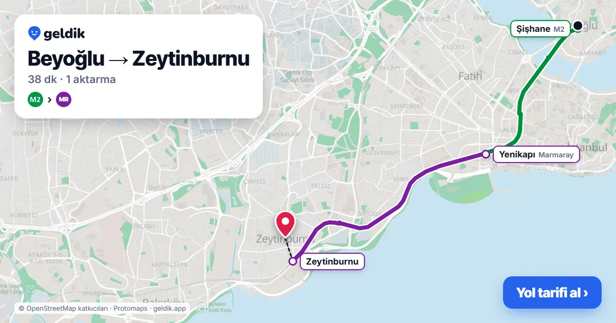 Beyoğlu – Zeytinburnu yol haritası: M2 → Marmaray ile ~38 dk