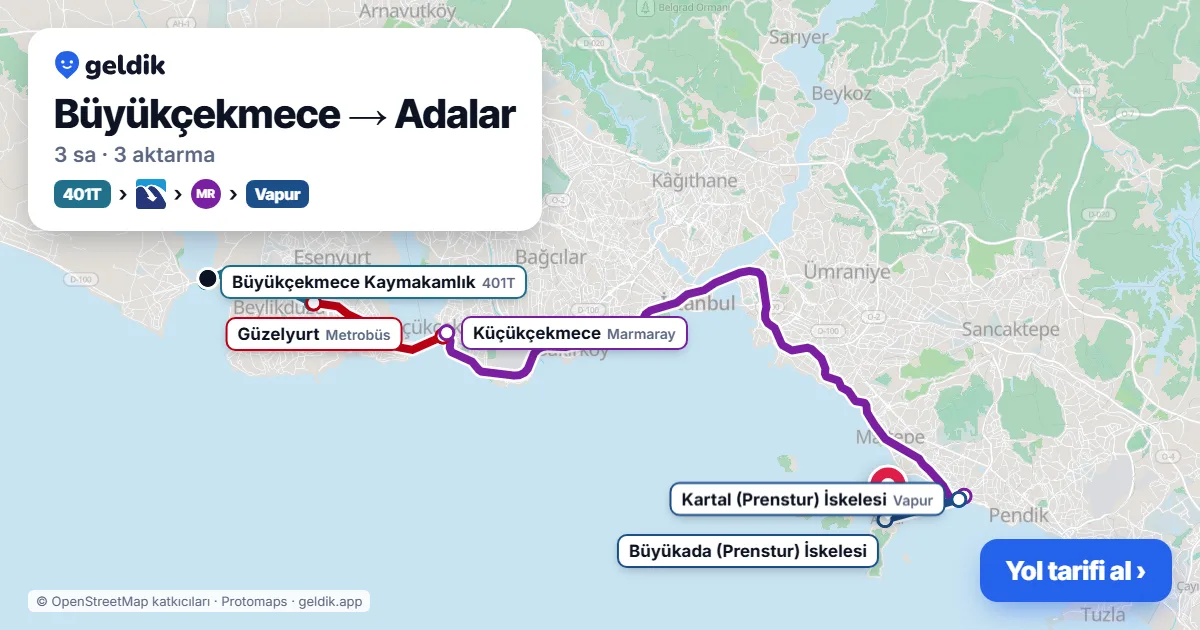 Büyükçekmece – Adalar yol haritası: 401T otobüsü → Metrobüs → Marmaray → vapur ile ~3 sa