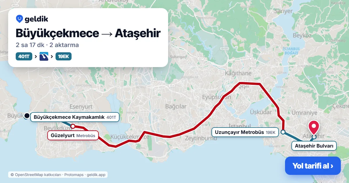 Büyükçekmece – Ataşehir yol haritası: 401T otobüsü → Metrobüs → 19EK otobüsü ile ~2 sa 17 dk