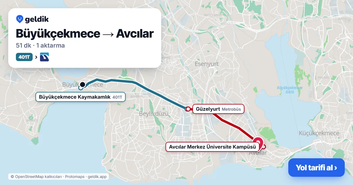 Büyükçekmece – Avcılar yol haritası: 401T otobüsü → Metrobüs ile ~51 dk