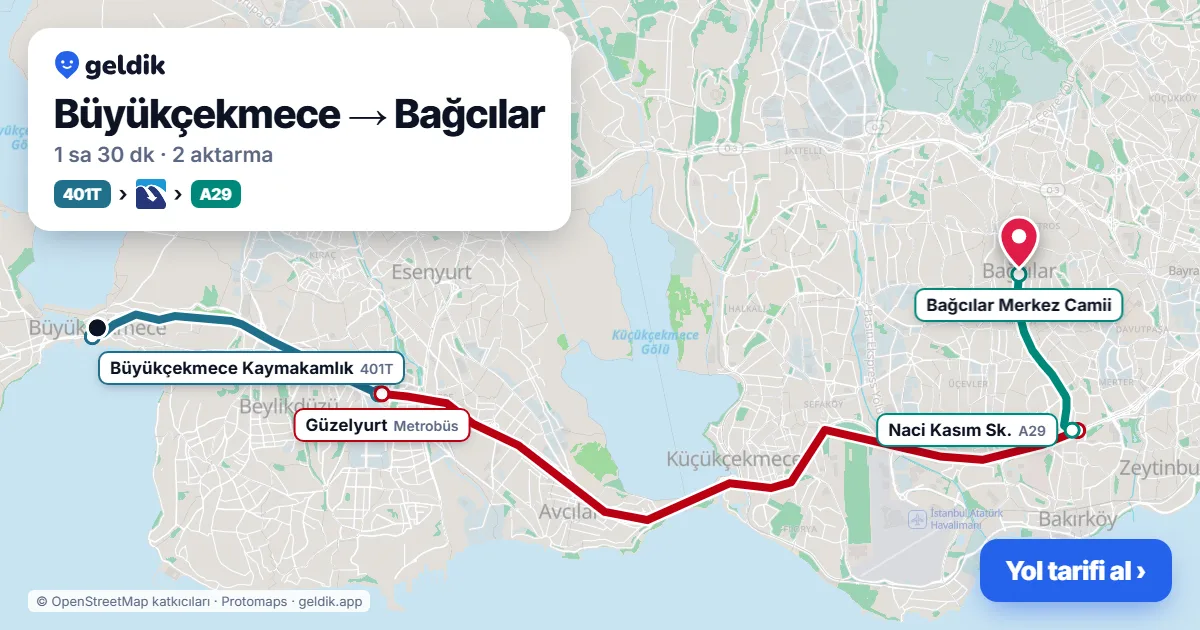 Büyükçekmece – Bağcılar yol haritası: 401T otobüsü → Metrobüs → A29 minibüsü ile ~1 sa 30 dk
