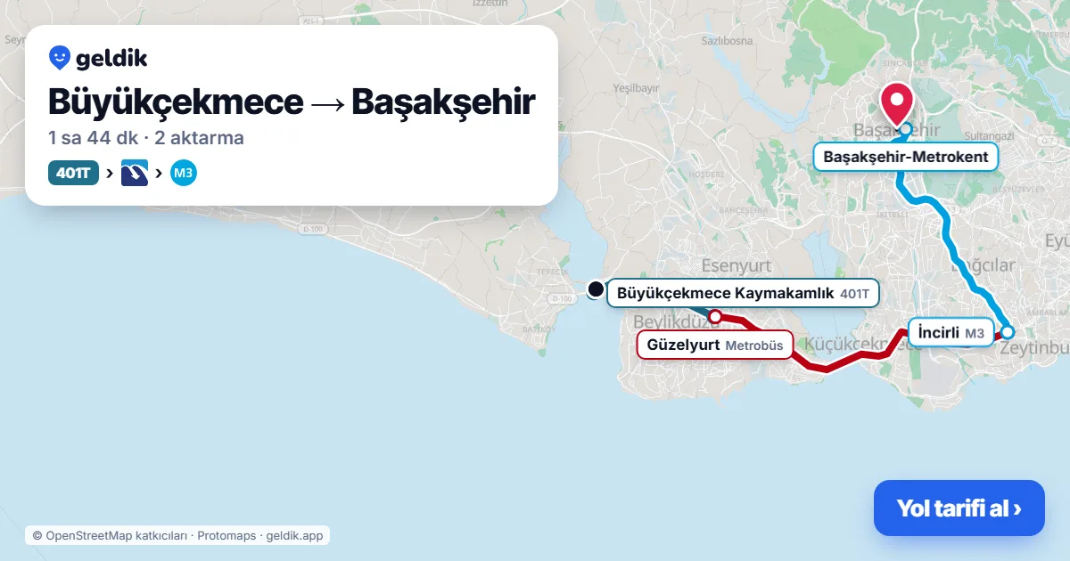 Büyükçekmece – Başakşehir yol haritası: 401T otobüsü → Metrobüs → M3 ile ~1 sa 44 dk