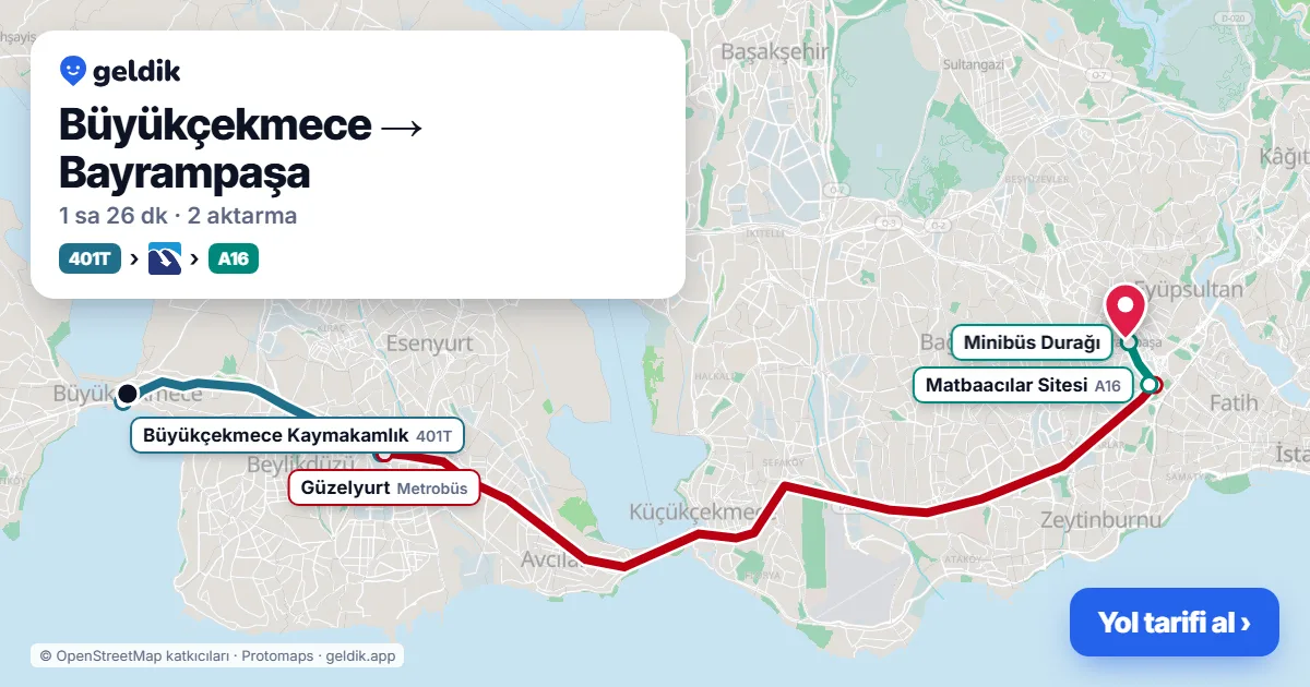 Büyükçekmece – Bayrampaşa yol haritası: 401T otobüsü → Metrobüs → A16 minibüsü ile ~1 sa 26 dk
