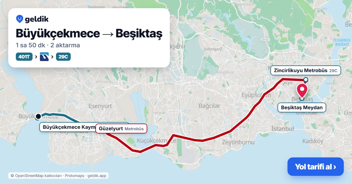 Büyükçekmece – Beşiktaş yol haritası: 401T otobüsü → Metrobüs → 29D otobüsü ile ~1 sa 49 dk